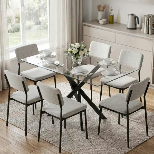 Rectangular Dining Table for 6 People, 120cm Modern Kitchen Table with Tempered Glass Top and Cross Steel Legs, Clear - Clear