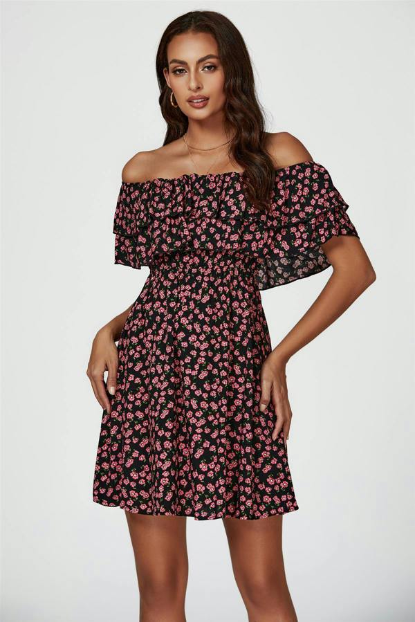 FS Collection Floral Print Bardot Frill Mini Dress In Black