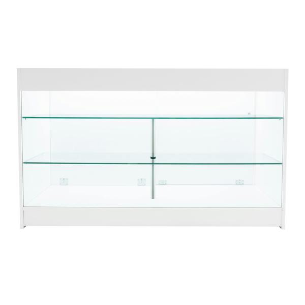 Astro LED Shop Counter Set in white with sleek glass shelves, featuring modern design and bright LED lighting for display purposes
