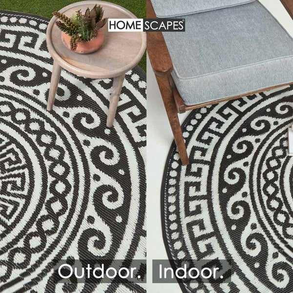 HOMESCAPES Round Outdoor Rug Luxury Waterproof Reversible Recycled, For Garden, Enid Aztec