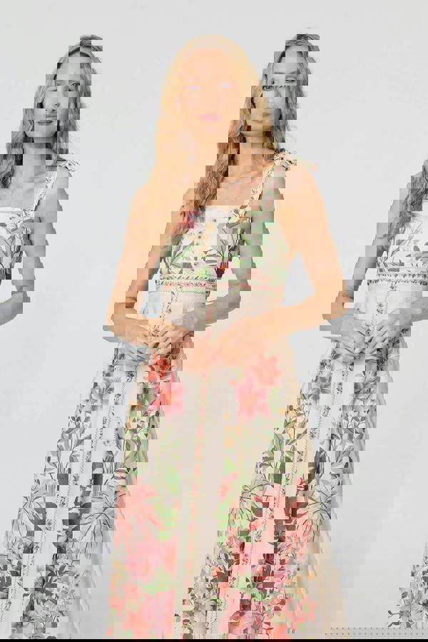 Beige | Floral Border Print Tie Strap Midi Dress
