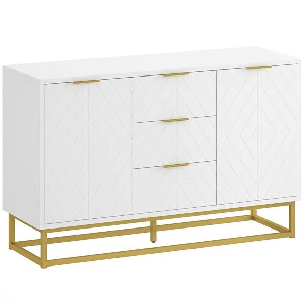Wyld Haus Luka White Sideboard 3 Drawers 2 Doors Chevron Design Gold Accents
