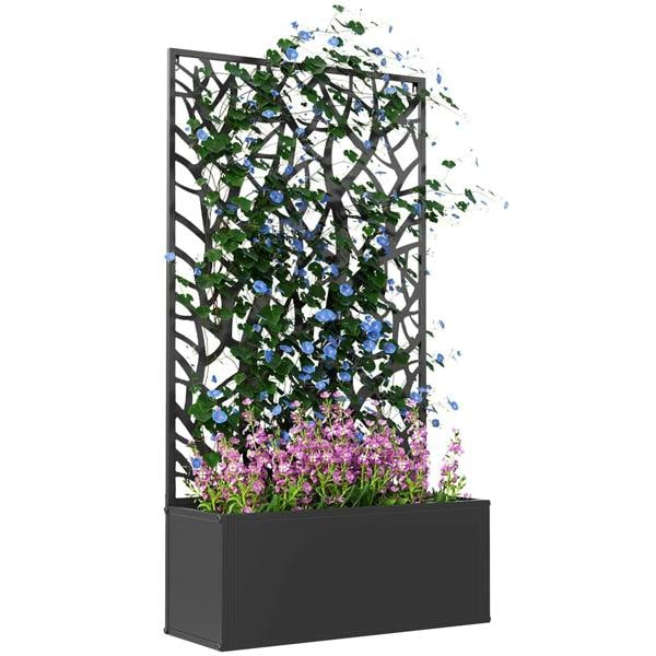 Black metal outdoor planter with back trellis and planted flowers