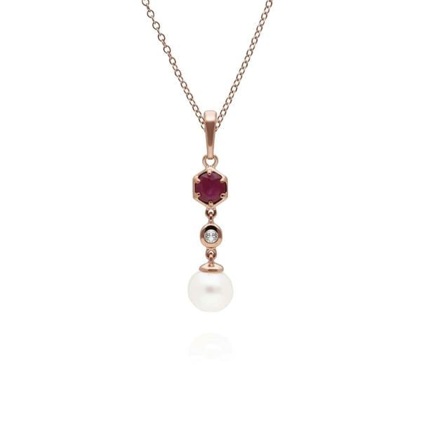 270P030302925 Modern Pearl, Ruby & Topaz Drop Pendant in Rose Gold Plated Silver 1