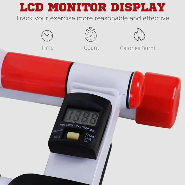 Fitness stepper with red hand grips and LCD monitor display