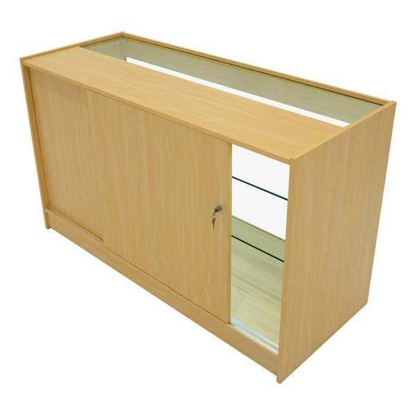 Helios LED Shop Counter Set CM60 in maple finish with sliding doors, glass shelves, and a sleek modern design for retail displays