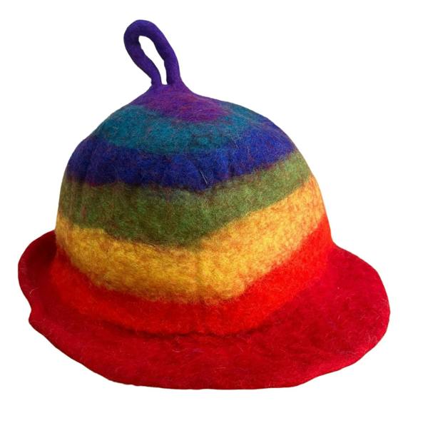Rainbow felt sauna bowl hat with curved brim and bold rainbow stripe bands