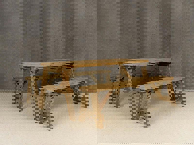 Victoria Rounded Picnic Table and Benches Set – Rustic Finish Wooden Outdoor Dining Set for Gardens, Patios, and Picnics
