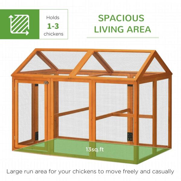 Spacious orange wooden chicken run with wire mesh sides and a pitched roof