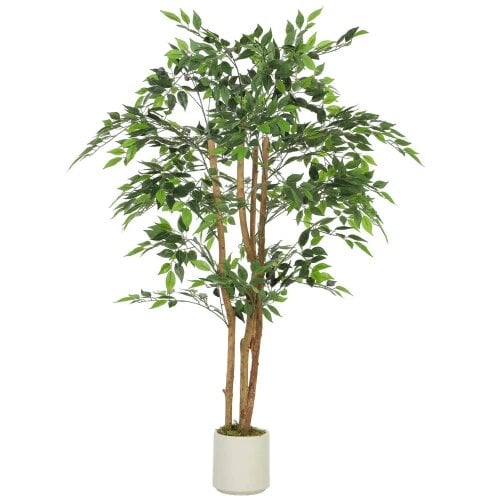 Bobobiy 150cm Artificial Ficus Tree, Fake Potted Tree with Solid Wood Trunk and Pot for Indoor, Green