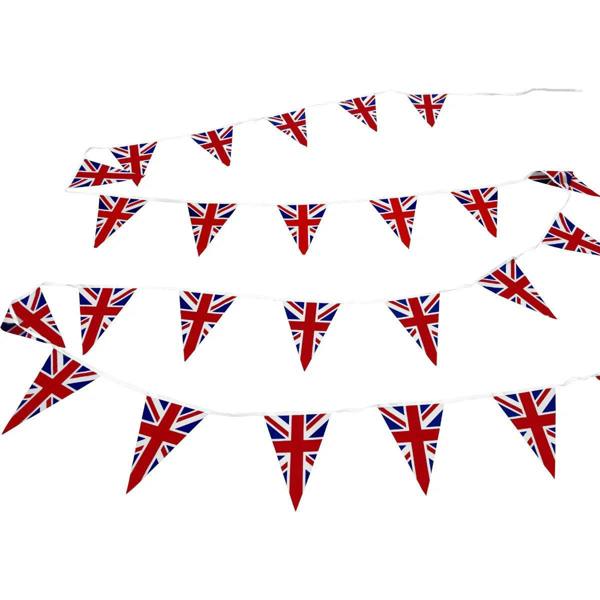 Union Jack flag bunting, 10m long, featuring vibrant red, white, and blue triangular flags, perfect for celebrations and events