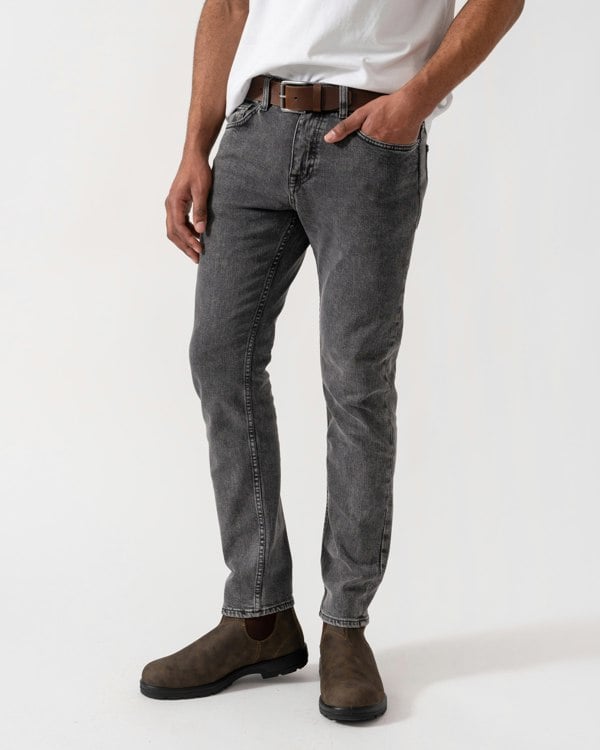 Model wearing BOSS Orange Washed Delaware Jeans in Dark Grey 022 - Main