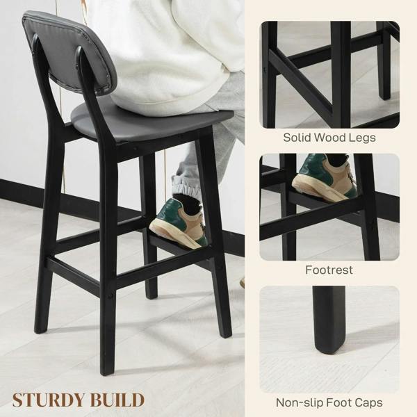 Dark grey bar stool with solid wood legs, non-slip foot caps, and footrest