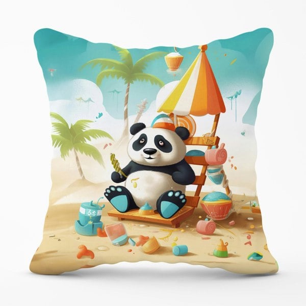 Warren Reed Happy Panda On A Beach Holiday Cushions