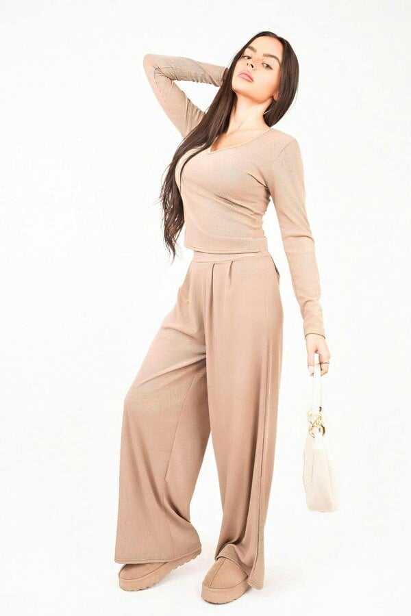 ikrush Enaya V Neck Long Sleeve Ribbed Top & Wide Leg Trousers Co-ord Set