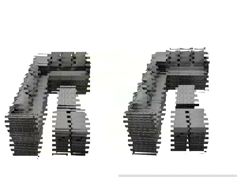 Fimous 8 Seater Garden Outdoor Rattan Furniture Set Patio Corner Sofa Coffee Table with 2 Small Stools Dark Grey