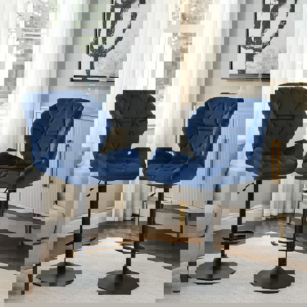 Modcraft Set of 2 Velvet Blue Bar Stools – Adjustable Swivel Dining Chairs with Footrest & Black Steel