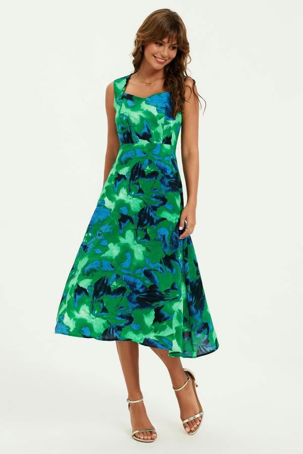 FS Collection Abstract Floral Print Heart Neck Midi Green