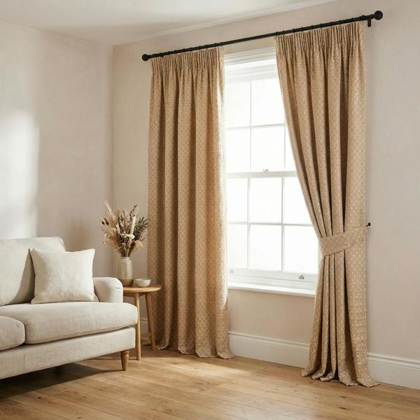 Sicily made-to-measure curtains in Mocha, styled in a living room