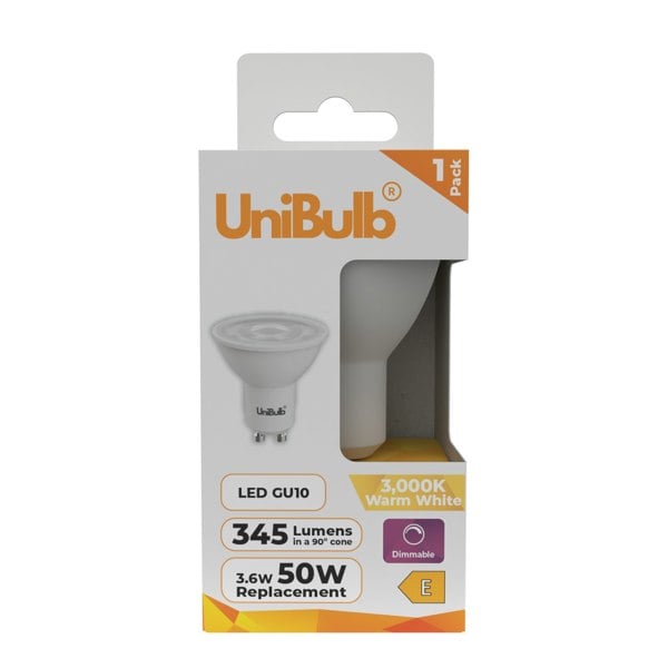 UniBulb LED light bulb GU10 345lm 3.6W 3000K (Warm White) Dimmable - Pack of 1 lightbulb front