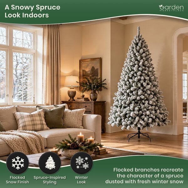 Flocked Woodcote Spruce Artificial Christmas Tree with Snow, 2.1m (7ft) Tall, 1072 Tips, Hinged Branches, 127cm Diameter, Metal Stand Included