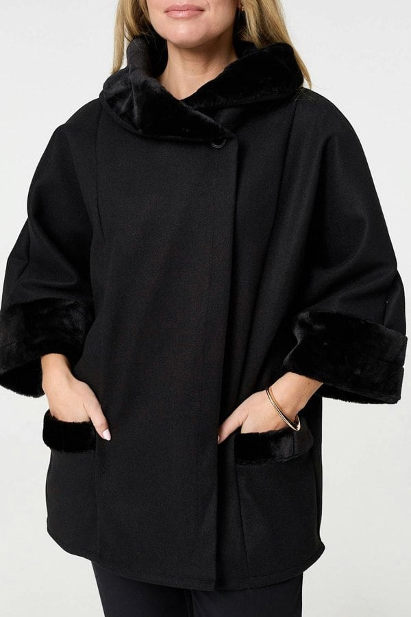 Black | Faux Fur Trim 3/4 Sleeve Cape Coat