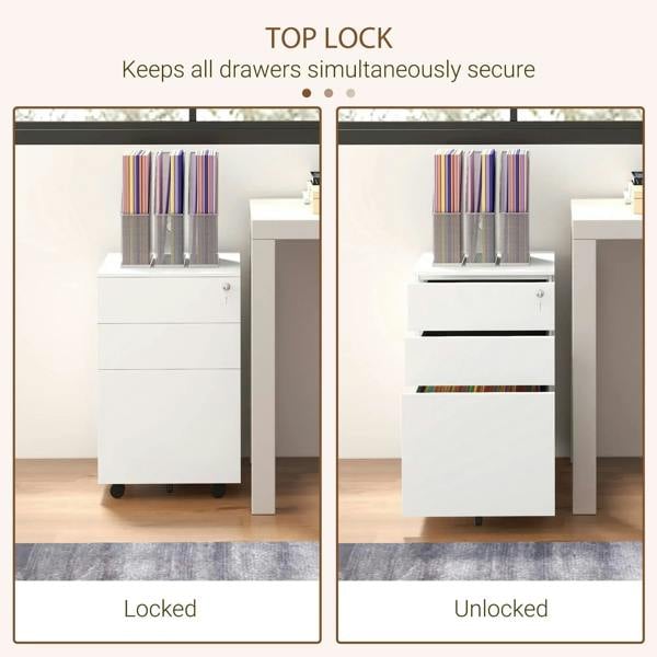 White filing cabinet top lock showing locked and unlocked drawer views