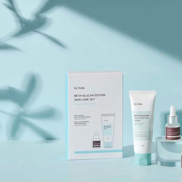 Silk-like clear serum fluid and smooth, lightweight whipped cream texture of iUNIK Beta-Glucan Skincare Set melting into skin at Atelier De Glow UK.