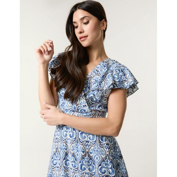 Blue Vanilla Printed Wrap Front Belted Waist Dress