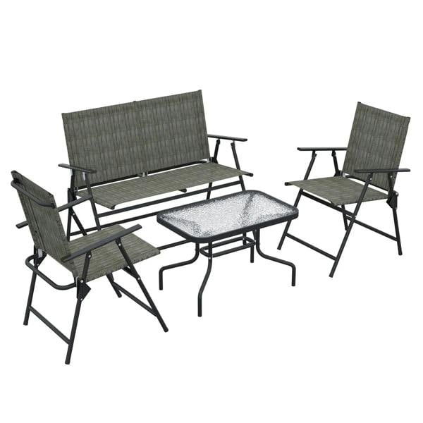 Four-piece metal garden seating set: two armchairs, loveseat, and square coffee table