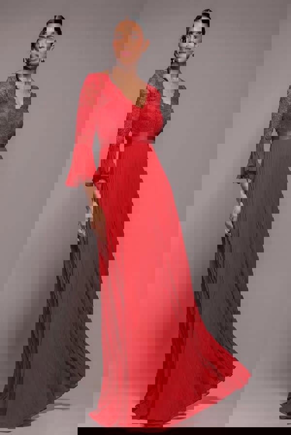 Scalloped Lace Bodice Pleated Chiffon A Line Maxi Dress - Red DR4390