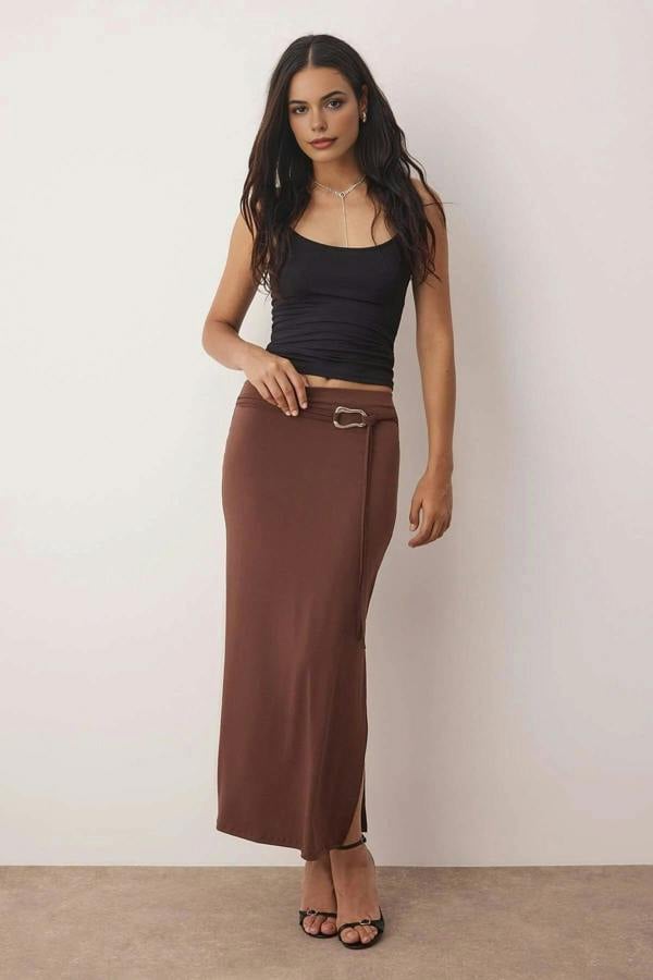WOVCOR Slit Maxi Knit Skirt with Belt Detail