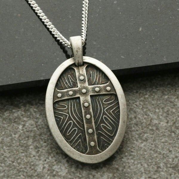 Christopher James of London Antique Finish Sterling Silver Oval Cross Pendant With Optional Chain