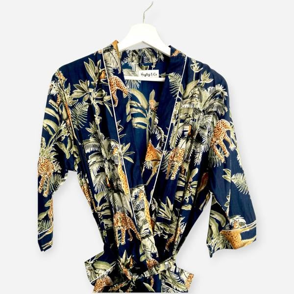 Hayley & Co Giraffe Print 100% Cotton Dressing Gown in Dark Blue