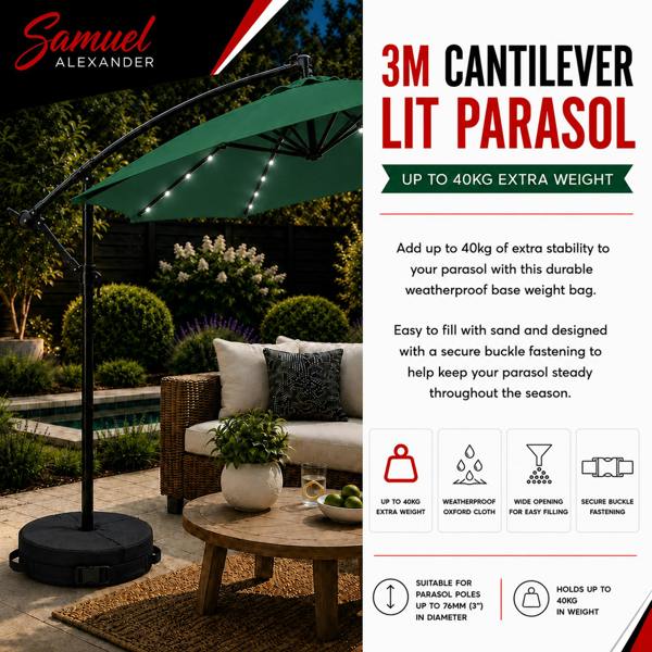 Samuel Alexander 3m Solar Powered Cantilever Lit Banana Garden Parasol with Crank Handle & White LED Lights in Green with Base Bag Included