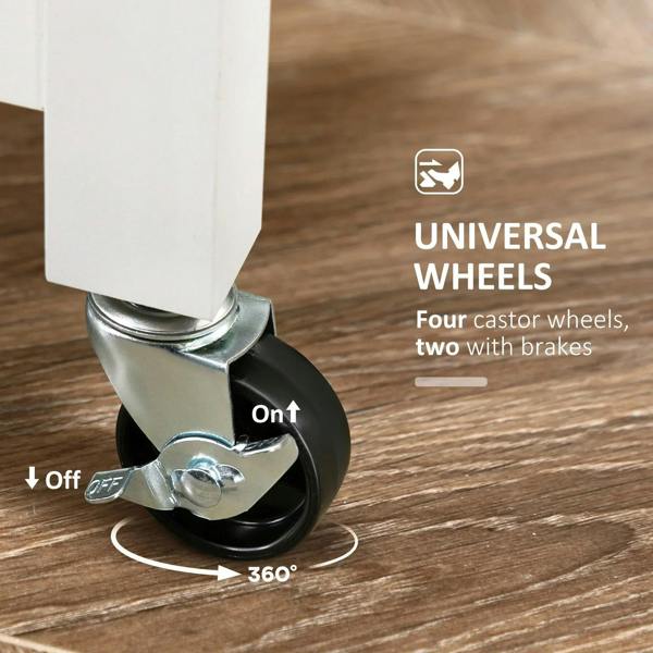 Caster wheels with brakes under a white rolling kitchen cart.