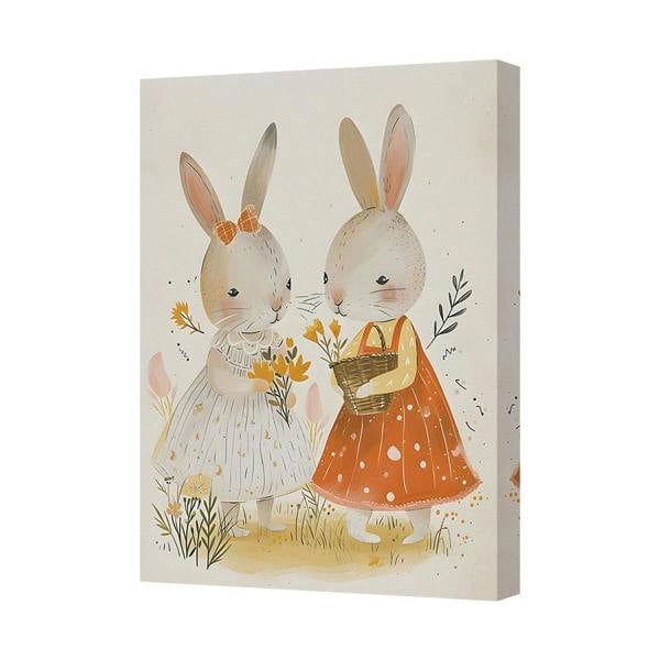 Benjamin Tate Design Two Bunnies In Dresses With Basket Of Flowers Canvas Art Print