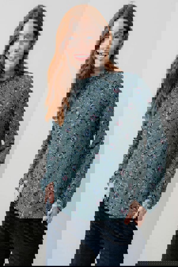 Lily & Me Eastcombe High Neck Floral Print Top Sea Mist