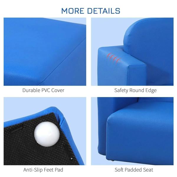 Blue toddler chair features: durable cover, safety round edge, soft padded seat