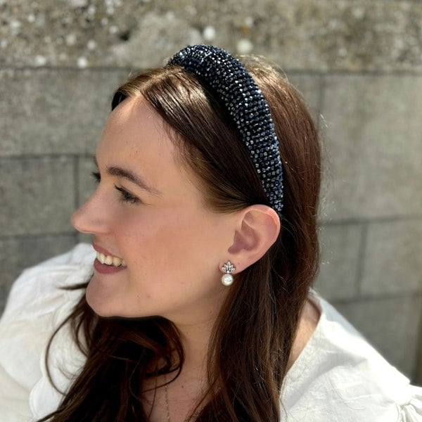 Navy Sparkly Beaded Headband, Dark Blue Hairband With Beads And Crystals, Elegant Navy Statement Headpiece, Vintage Inspired Beaded Hair Accessory, Glamorous Evening Hairband