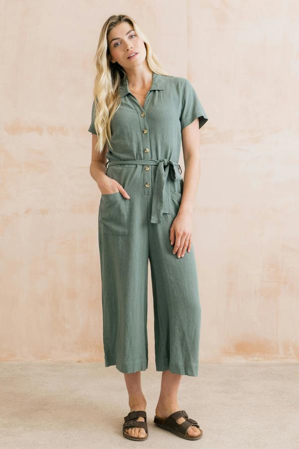 Lily & Me Josie Linen Blend Cropped Jumpsuit Laurel Green