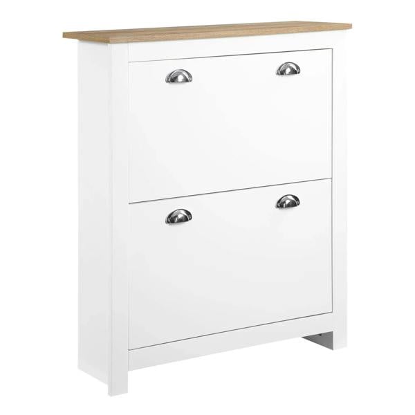 White shoe cabinet with wood top, two drawers, and silver curved handles