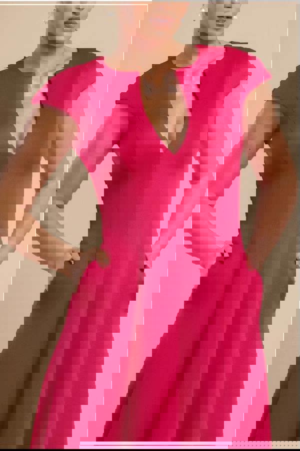 Cap Sleeve Plunging V-Neckline A-line Midi Dress - Magenta DR4540