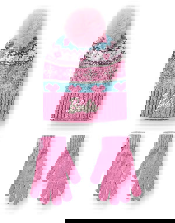 Barbie Girls Pink Fair Isle Beanie and Gloves Set (One Size)