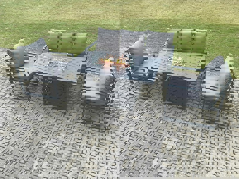 Fimous Aluminium Outdoor Garden Furniture Set Gas Fire Pit Dining Table Set Gas Heater Burner with 2 Arm Chair Dark Grey 5 Seater