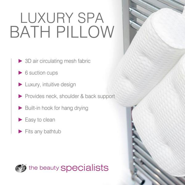 The Rio Luxury Bath Spa Pillow in white features a textured 3D air mesh fabric, strong suction cups, great support, easy cleaning, and fits any bathtub. Its shown hanging on a metal rack for convenience.