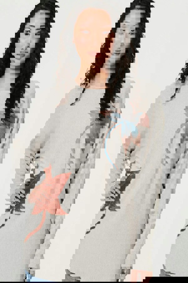 Grey | Leaf Print Batwing Sleeve Relaxed Top
