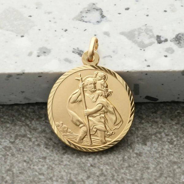 Christopher James of London 9ct Yellow Gold Diamond Cut 18mm St Christopher Pendant With Optional Engraving and Chain