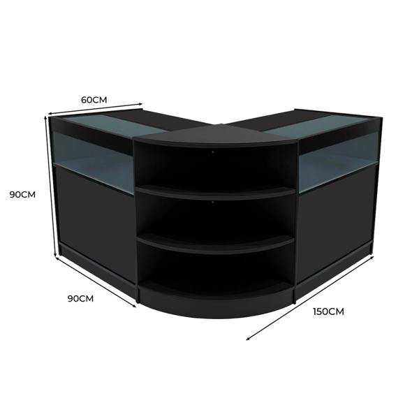 Theseus LED shop counter set in black features a sleek, modern design with glass display sections and ample storage space