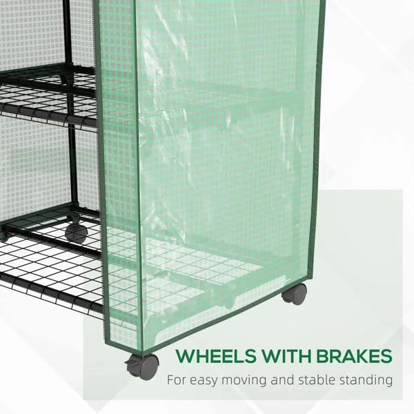 Green three-tier mini greenhouse with black wire shelves and wheels with brakes at the base